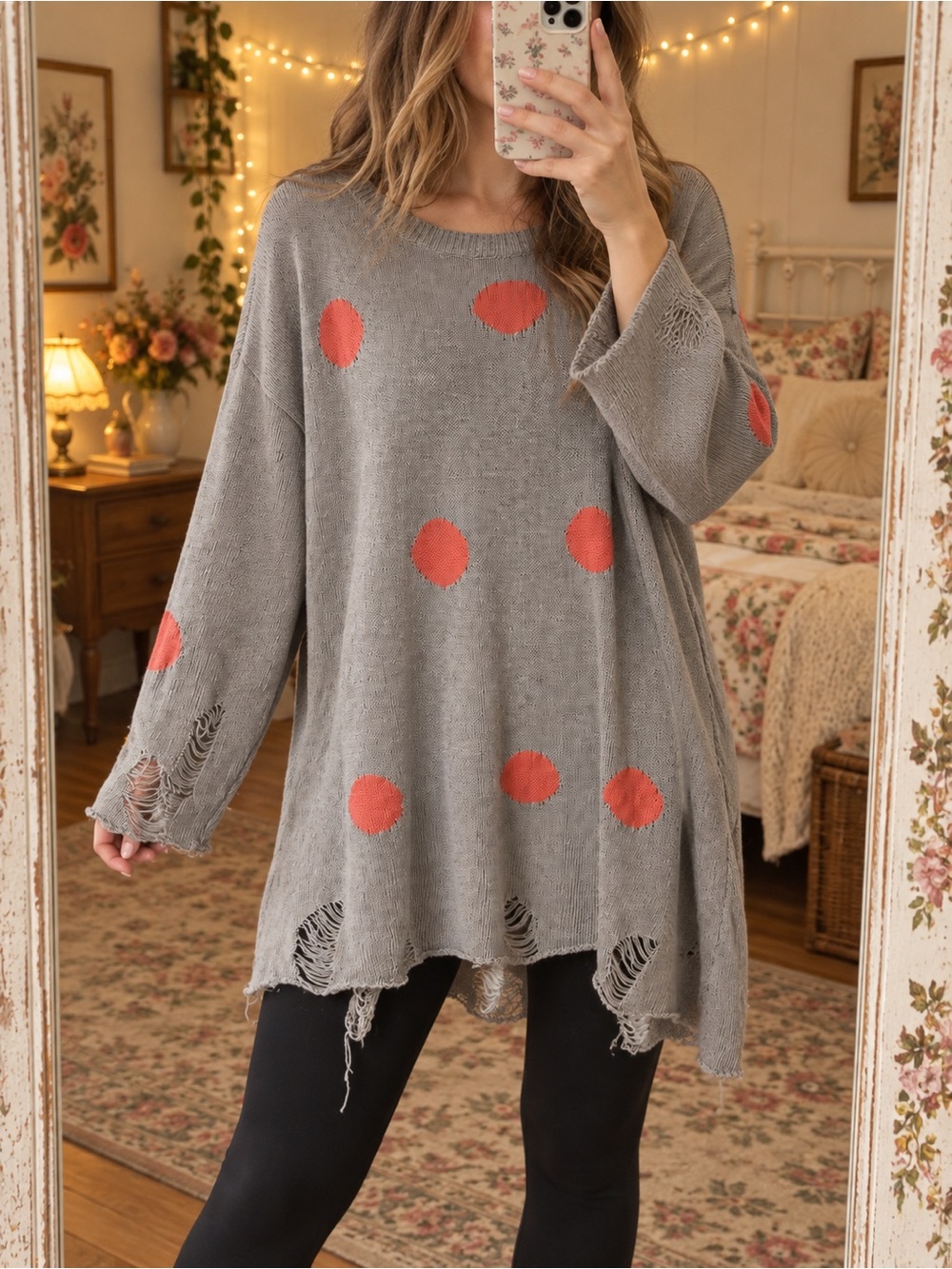 Umgee Gray Knit Oversized Tunic with Coral Polka Dots